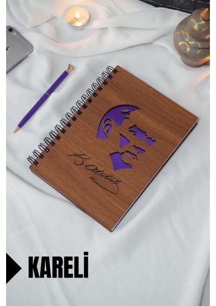 Atatürk Temalı Ahşap Kapaklı Defter - Kareli Defter - Ajanda - Okul Defteri (A5 - 120 Sayfa)