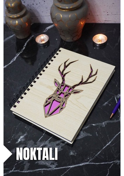 Geyik Temalı Ahşap Kapaklı Defter - Noktalı Defter - Ajanda - Okul Defteri (A5 - 120 Sayfa)