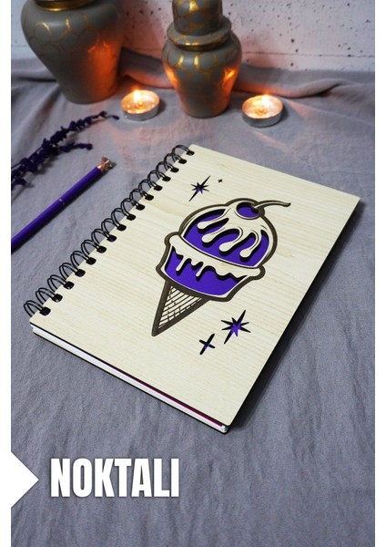 Dondurma Desenli Ahşap Kapaklı Defter - Noktalı Defter - Ajanda - Okul Defteri (A5 - 120 Sayfa)