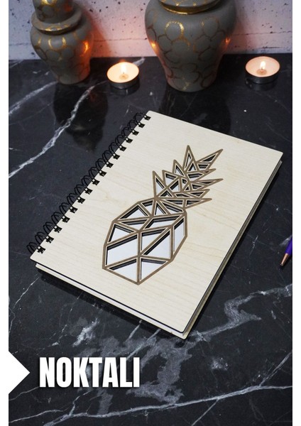 Ananas Temalı Ahşap Kapaklı Defter - Noktalı Defter - Ajanda - Okul Defteri (A5 - 120 Sayfa)