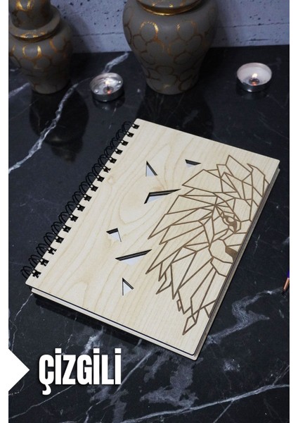 Aslan Temalı Ahşap Kapaklı Defter - Çizgili Defter - Ajanda - Okul Defteri (A5 - 120 Sayfa)