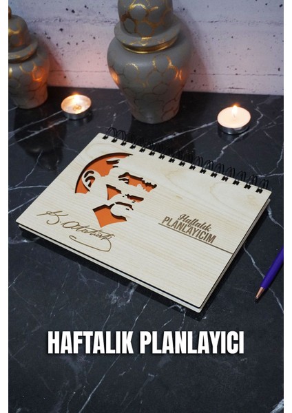 Mustafa Kemal Atatürk Ahşap Plan Defteri - Tarihsiz Ajanda - Haftalık Planlayıcı - A5