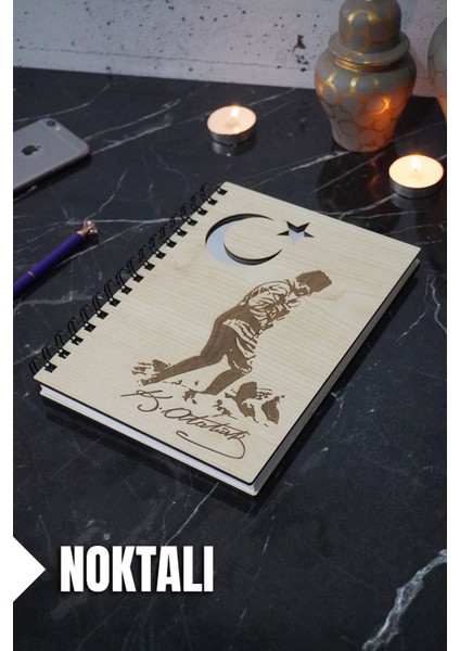 Kemal Atatürk Temalı Ahşap Kapaklı Defter - Noktalı Defter - Ajanda - Okul Defteri (A5 - 120 Sayfa)
