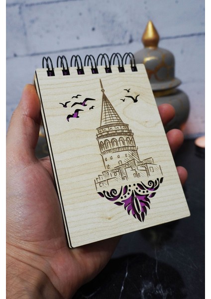 Galata Kulesi Temalı Ahşap Kapaklı Not Defteri - Mini Defter - Cep Defteri - Benim Listem