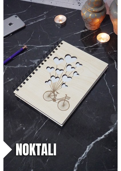 Bisiklet Balon Temalı Ahşap Kapaklı Defter - Noktalı Defter - Ajanda - Okul Defteri (A5 - 120 Sayfa)