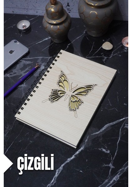 Kelebek Temalı Ahşap Kapaklı Defter - Çizgili Defter - Ajanda - Okul Defteri (A5 - 120 Sayfa)