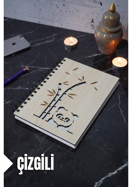 Panda Temalı Ahşap Kapaklı Defter - Çizgili Defter - Ajanda - Okul Defteri (A5 - 120 Sayfa)