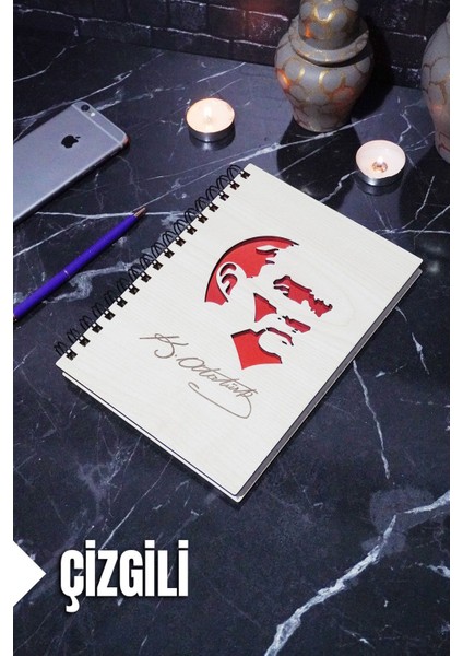 Kemal Atatürk Temalı Ahşap Kapaklı Defter - Çizgili Defter - Ajanda - Okul Defteri (A5 - 120 Sayfa)