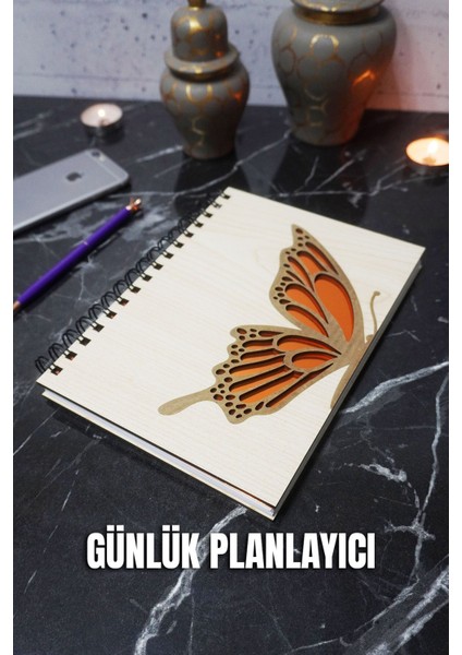 Kelebek Tasarım Ahşap Kapaklı Günlük Planlayıcı - Tarihsiz Ajanda - Süresiz Planlama Defteri - A5