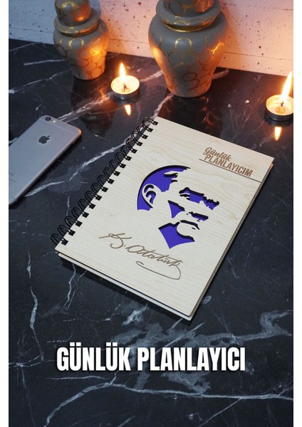 Mustafa Kemal Atatürk Ahşap Plan Defteri - Tarihsiz Ajanda - Günlük Planlayıcı (Planlama Defteri) A5