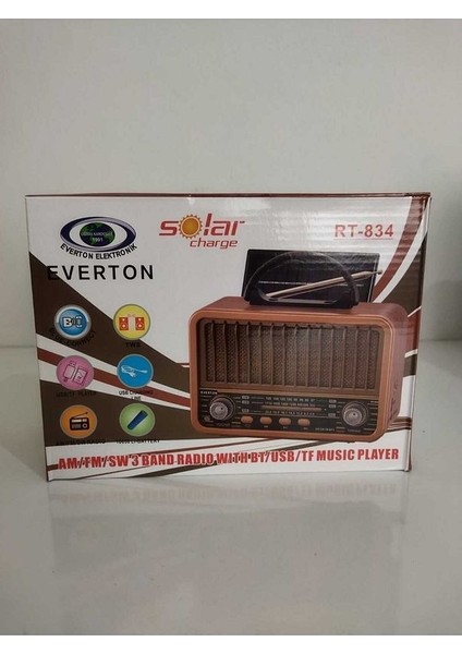 Everton RT-834 Orta Solar Güneş Enerjili Bluetooth, Nostalji ,band Radyo ,usb