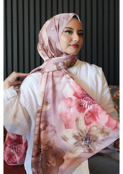 Manolya Çiçek Desen Pudra Soft Pamuk Şal