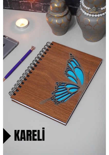 Kelebek Temalı Ahşap Kapaklı Defter - Kareli Defter - Ajanda - Okul Defteri (A5 - 120 Sayfa)