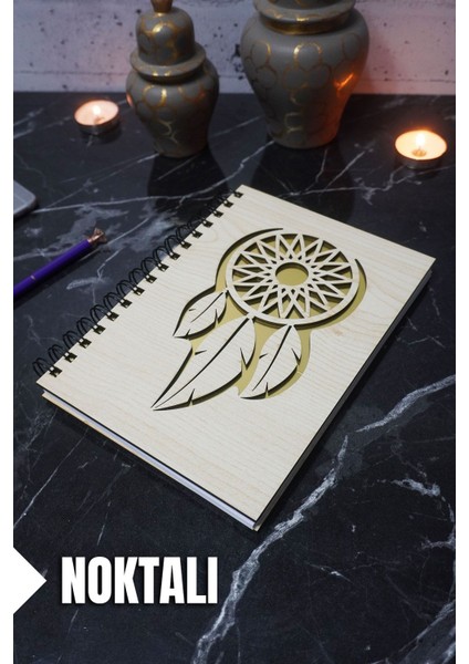 Rüya Kapanı Temalı Ahşap Kapaklı Defter - Noktalı Defter - Ajanda - Okul Defteri (A5 - 120 Sayfa)