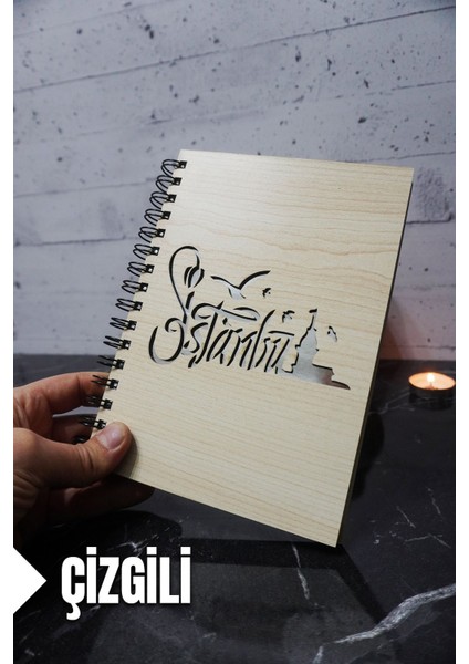 Istanbul Temalı Ahşap Kapaklı Defter - Çizgili Defter - Ajanda - Okul Defteri (A5 - 120 Sayfa)