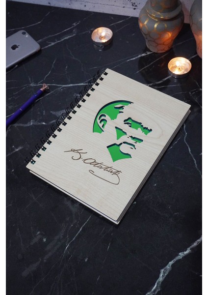 A5 Spiralli Mustafa Kemal Atatürk Ahşap Defter - Günlük - Çizgisiz Defter-Okul Defteri