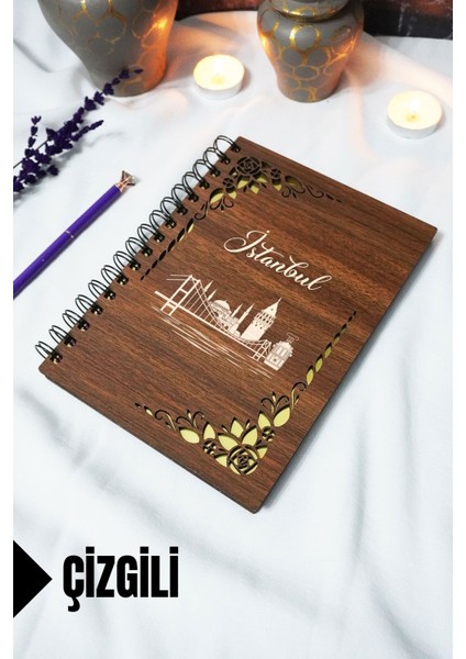 Istanbul Ahşap Kapaklı Spiralli Okul Defteri - Çizgili Defter - 60 Yaprak (120 Sayfa) - A5 15X21 cm