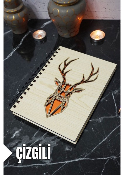 Geyik Figürlü Ahşap Kapaklı Defter - Çizgili Defter - Ajanda - Okul Defteri (A5 - 120 Sayfa)