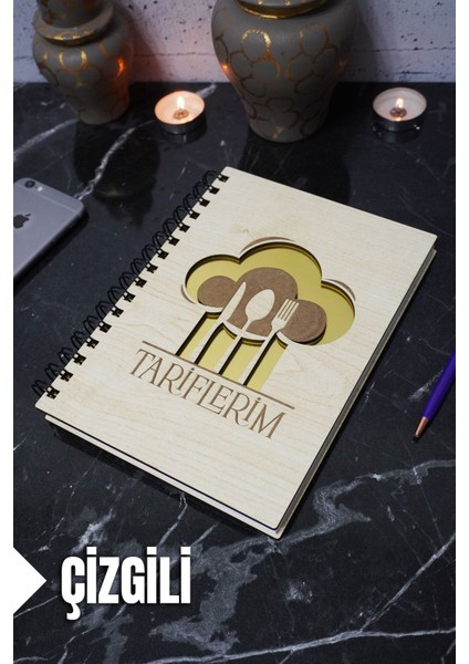 Mutfak Temalı Ahşap Kapaklı Defter - Çizgili Tarif Defteri - Ajanda - Okul Defteri (A5 - 120 Sayfa)