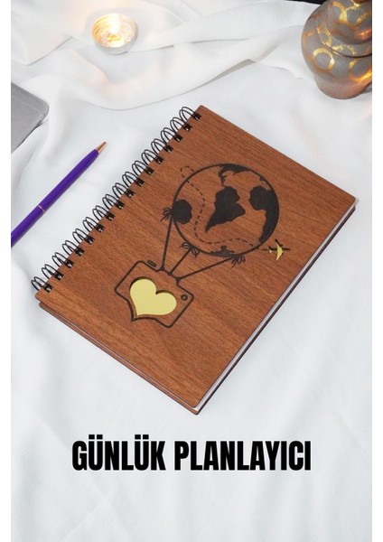 Balon Tasarım Ahşap Kapak Günlük Plan Defteri - Süresiz Ajanda - Tarihsiz Planlama Defteri - A5