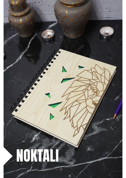Aslan Temalı Ahşap Kapaklı Defter - Noktalı Defter - Ajanda - Okul Defteri (A5 - 120 Sayfa)