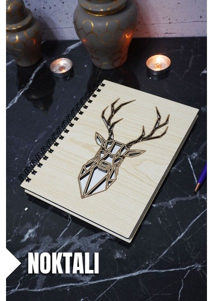 Geyik Temalı Ahşap Kapaklı Defter - Noktalı Defter - Ajanda - Okul Defteri (A5 - 120 Sayfa)