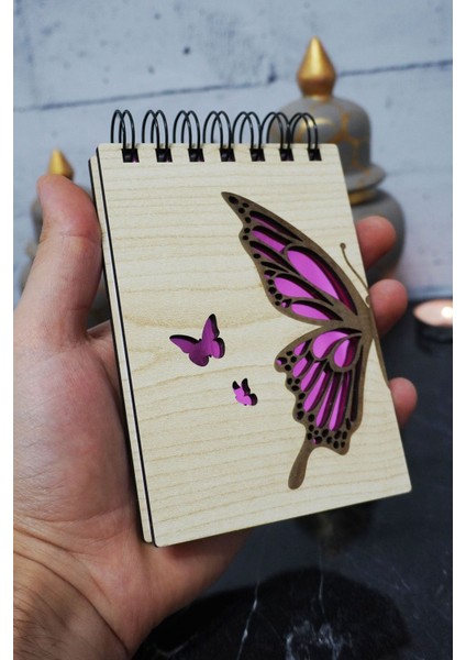 Kelebek Temalı Ahşap Kapaklı Not Defteri - Mini Defter - Cep Defteri - Benim Listem