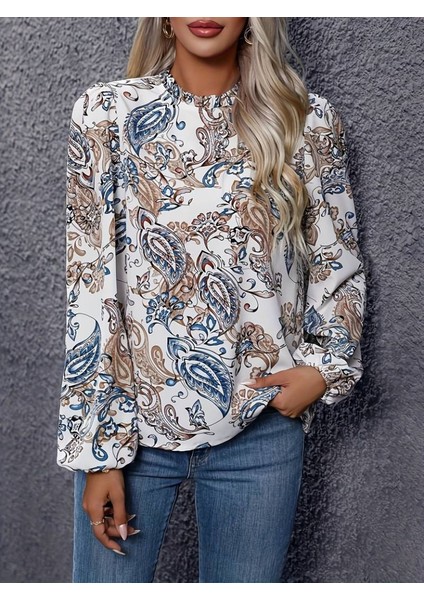 Kadın Uzun Kollu Yarı Balıkçı Yaka Desenli Süprem Bluz modelleri
