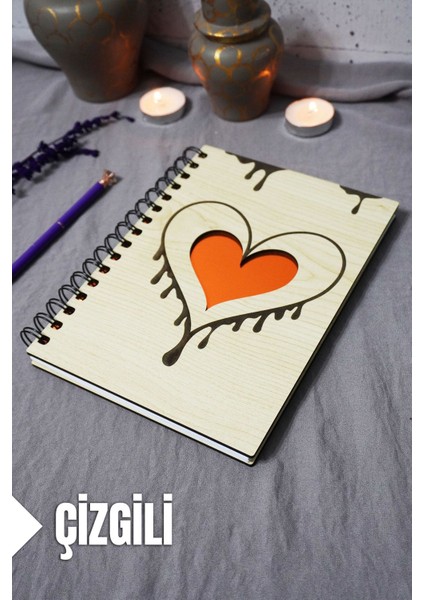 Kalp Desenli Ahşap Kapaklı Defter - Çizgili Defter - Ajanda - Okul Defteri (A5 - 120 Sayfa)