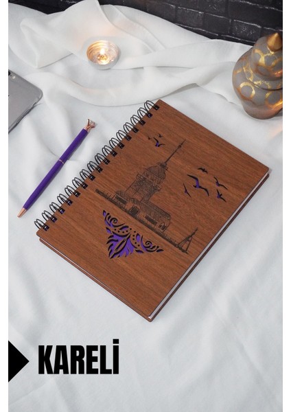 Kız Kulesi Temalı Ahşap Kapaklı Defter - Kareli Defter - Ajanda - Okul Defteri (A5 - 120 Sayfa)