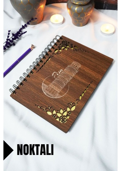 Pizza Kulesi Ahşap Kapaklı Spiralli Defter - Noktalı Defter - 60 Yaprak (120 Sayfa) - A5 15X21 cm