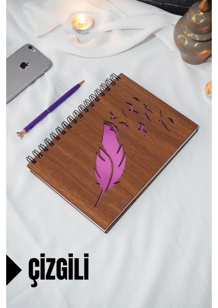Kuş Tüy Temalı Ahşap Kapaklı Defter - Çizgili Defter - Ajanda - Okul Defteri (A5 - 120 Sayfa)