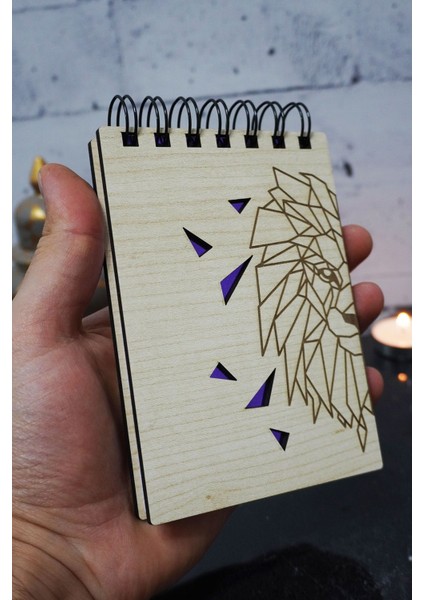 Aslan Figürlü Ahşap Kapaklı Not Defteri - Mini Defter - Cep Defteri - Benim Listem