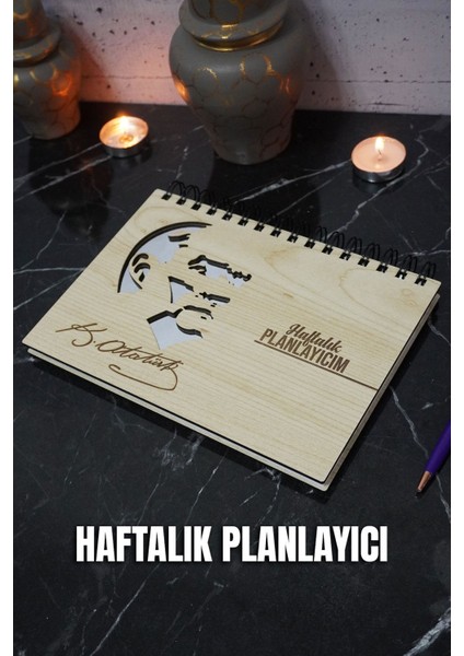 Mustafa Kemal Atatürk Ahşap Plan Defteri - Tarihsiz Ajanda - Haftalık Planlayıcı - A5