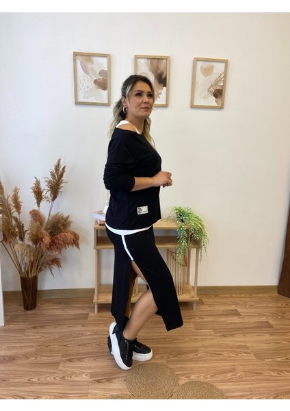 Kadın Uzun Kollu Tek Omuzu Açık Viskon Bluz Içi Atletli ve Yandan Şeritli Üçlü Viskon Ikili Takım fiyatları