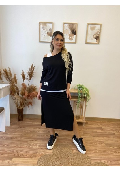 Kadın Uzun Kollu Tek Omuzu Açık Viskon Bluz Içi Atletli ve Yandan Şeritli Üçlü Viskon Ikili Takım modelleri