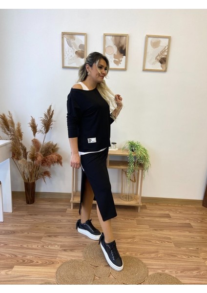 Kadın Uzun Kollu Tek Omuzu Açık Viskon Bluz Içi Atletli ve Yandan Şeritli Üçlü Viskon Ikili Takım fırsatları