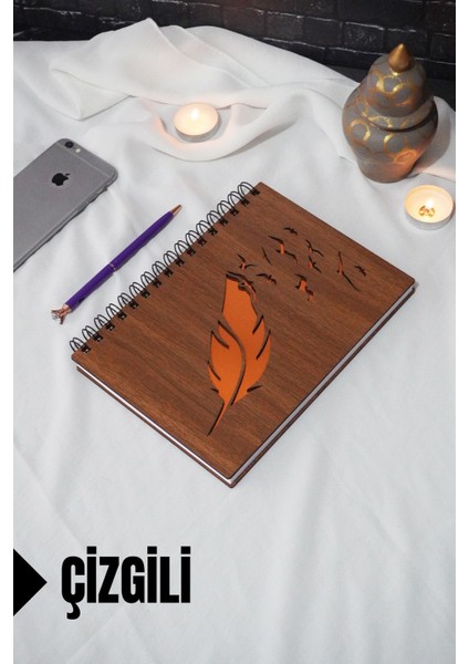 Kuş Tüy Temalı Ahşap Kapaklı Defter - Çizgili Defter - Ajanda - Okul Defteri (A5 - 120 Sayfa)