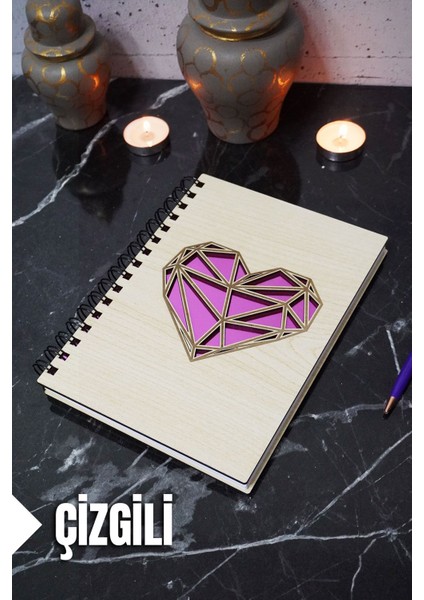 Kalp Temalı Ahşap Kapaklı Defter - Çizgili Defter - Ajanda - Okul Defteri (A5 - 120 Sayfa)