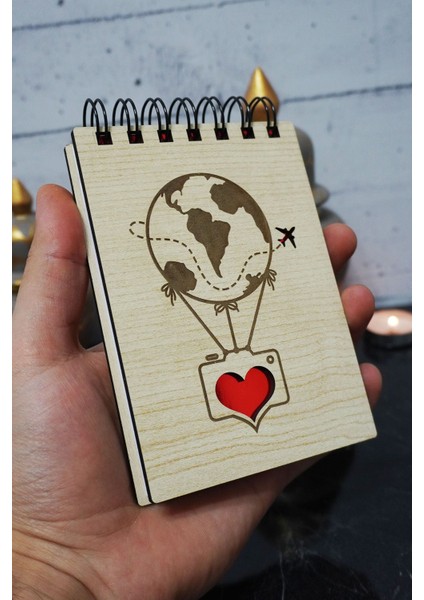 Balon Temalı Ahşap Kapaklı Not Defteri - Mini Defter - Cep Defteri - Benim Listem
