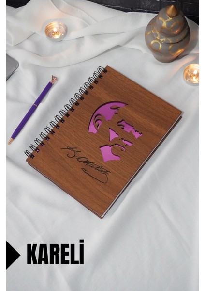 Atatürk Temalı Ahşap Kapaklı Defter - Kareli Defter - Ajanda - Okul Defteri (A5 - 120 Sayfa)