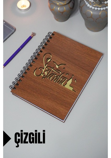 Istanbul Yazılı Ahşap Kapaklı Defter - Çizgili Defter - Ajanda - Okul Defteri (A5 - 120 Sayfa)