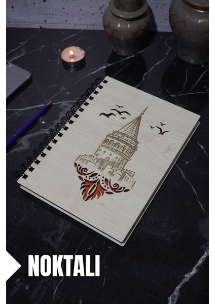 Galata Kulesi Temalı Ahşap Kapaklı Defter - Noktalı Defter - Ajanda - Okul Defteri (A5 - 120 Sayfa)