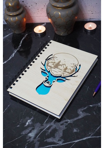 Geyik Figürlü Ahşap Kapaklı Defter - Çizgisiz Defter -Günlük - A5 Anı Defteri