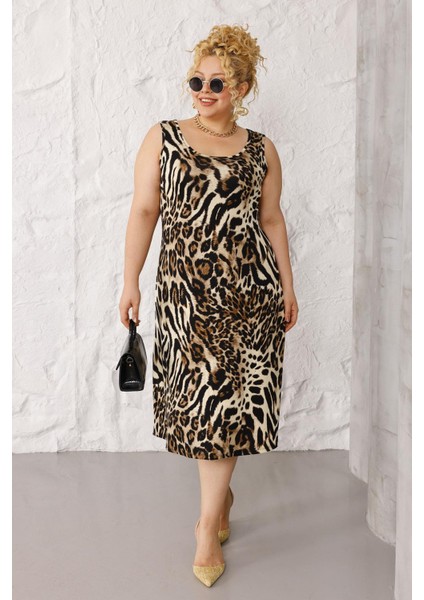 Kadın Kahve Siyah Leopar Desen Askılı Büyük Beden Elbise