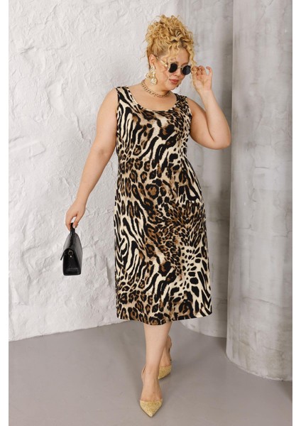 Kadın Kahve Siyah Leopar Desen Askılı Büyük Beden Elbise fırsatları