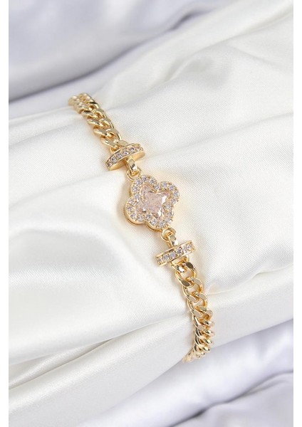 Pirinç Zirkon Taşlı Yonca Model Gold Renk Kadın Bileklik - TJ-BB7537