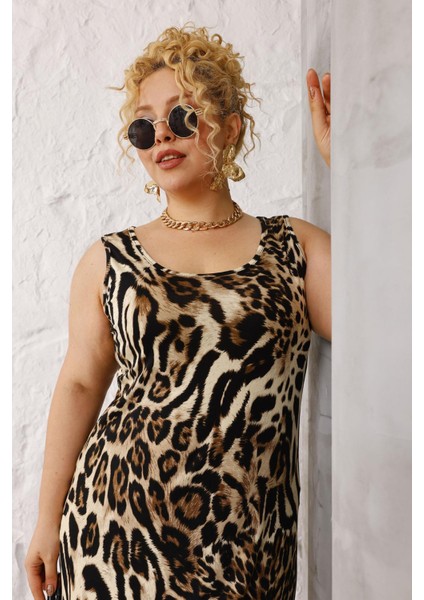 Kadın Kahve Siyah Leopar Desen Askılı Büyük Beden Elbise indirimleri