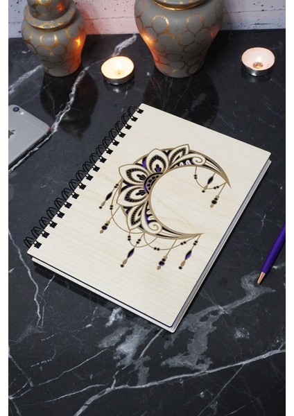 Ay Mandala Desenli Ahşap Kapaklı Defter - Çizgisiz Defter - Günlük - Ajanda- A5 Anı Defteri