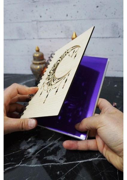 Ay Mandala Desenli Ahşap Kapaklı Defter - Çizgisiz Defter - Günlük - Ajanda- A5 Anı Defteri fiyatları